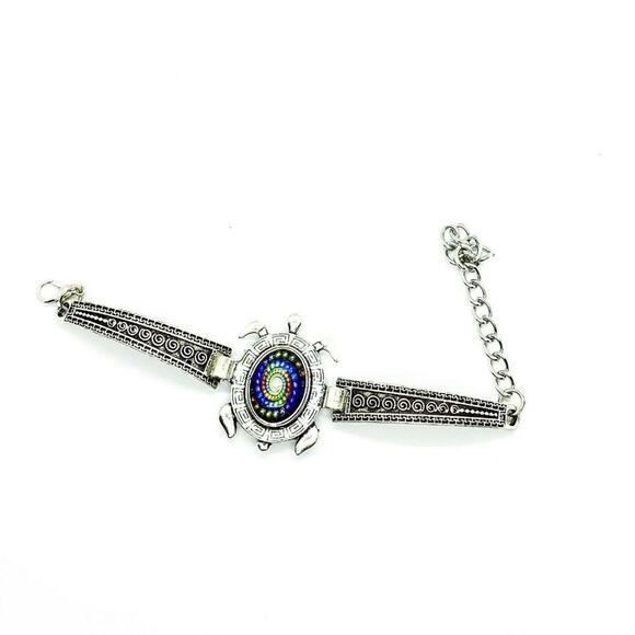 Boho Sea Turtle Rhinestone Silver-Tone Bracelet - Picture 1 of 5
